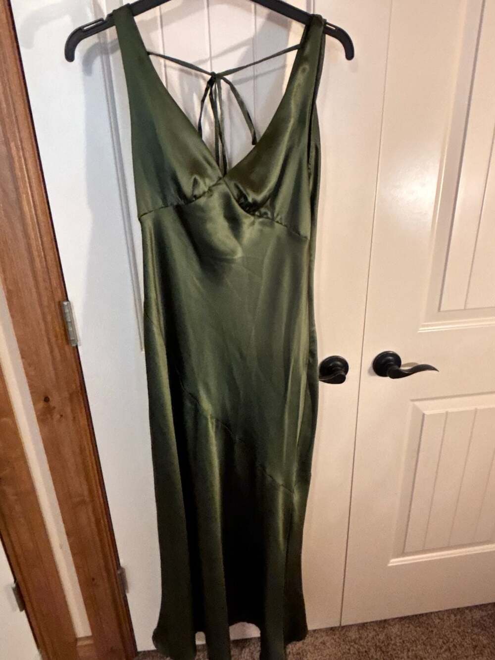 Elegant deep olive Green Satin Slip Maxi Dress large